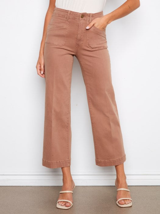 Cropped Wide Leg Twill Pants With Patch Pockets