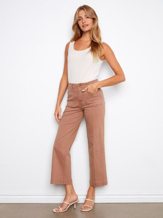 Cropped Wide Leg Twill Pants With Patch Pockets