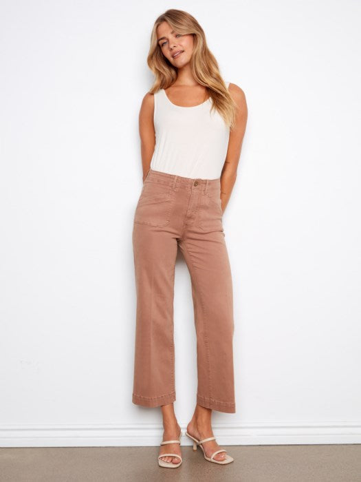 Cropped Wide Leg Twill Pants With Patch Pockets