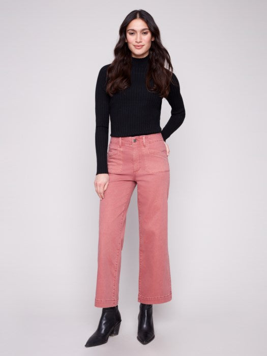 Cropped Wide Leg Coloured Twill Pants With Rectangular Patch