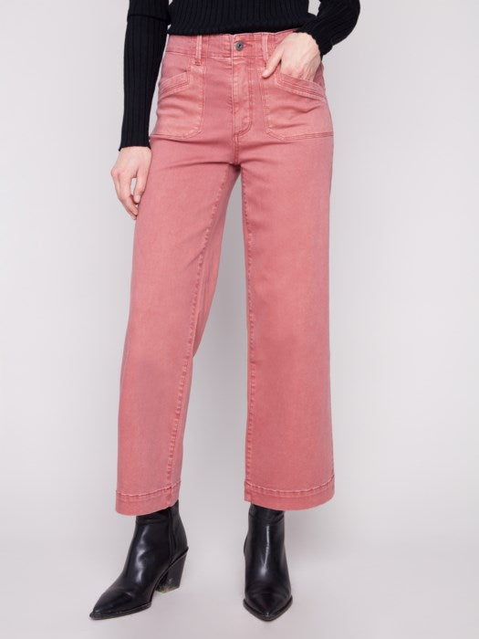 Cropped Wide Leg Coloured Twill Pants With Rectangular Patch