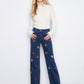 Wide Leg Jeans with Suede Flower Patches