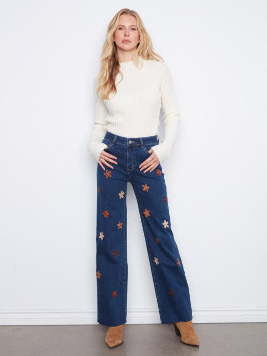 Wide Leg Jeans with Suede Flower Patches
