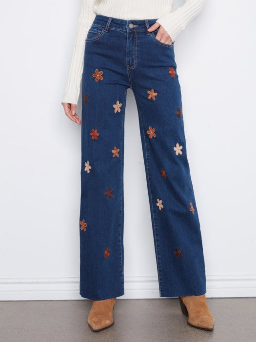 Wide Leg Jeans with Suede Flower Patches