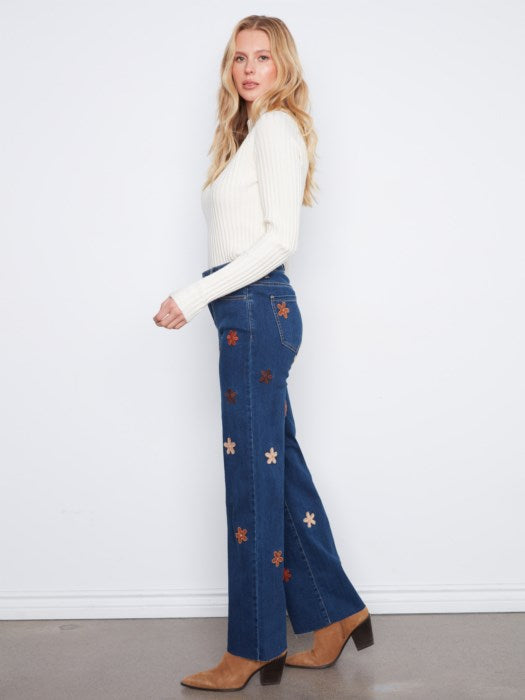 Wide Leg Jeans with Suede Flower Patches