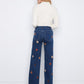Wide Leg Jeans with Suede Flower Patches