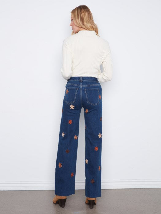 Wide Leg Jeans with Suede Flower Patches