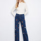 Wide Leg Jeans with Suede Flower Patches