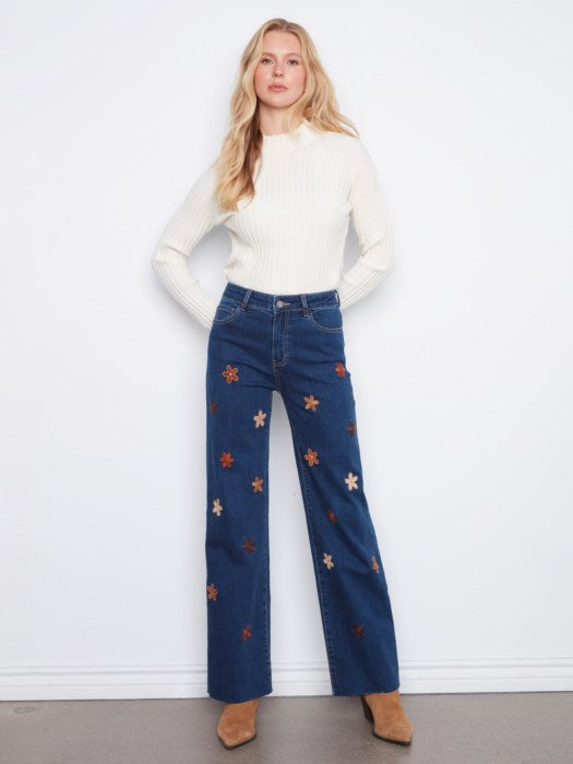Wide Leg Jeans with Suede Flower Patches