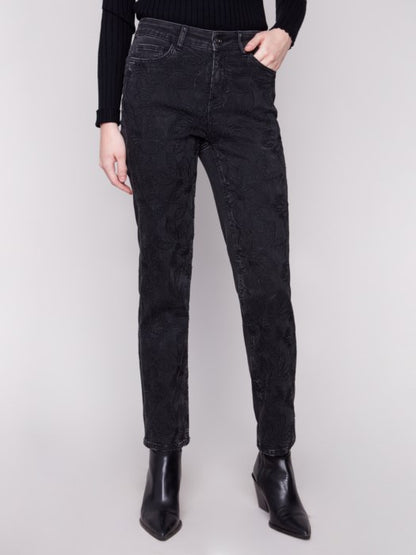 Straight Leg Stretch Denim Pants With Allover Tonal Embroide
