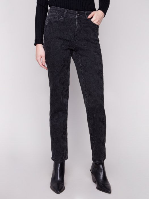Straight Leg Stretch Denim Pants With Allover Tonal Embroide