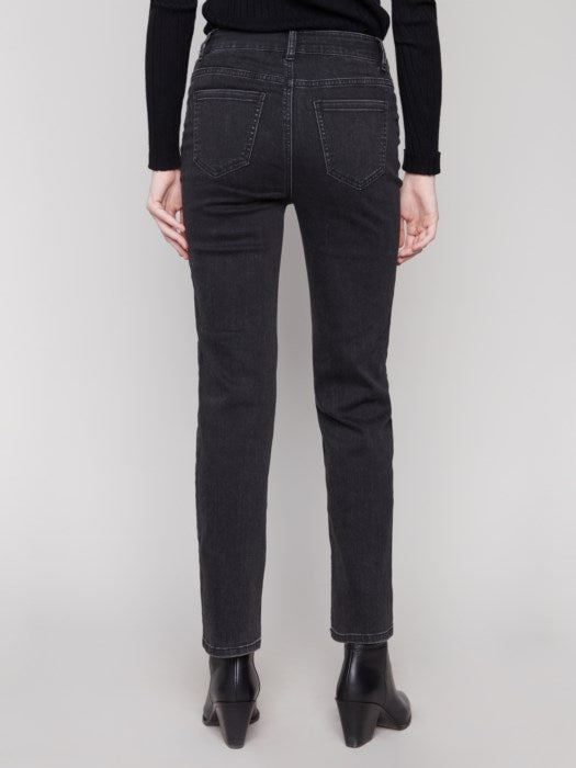 Straight Leg Stretch Denim Pants With Allover Tonal Embroide